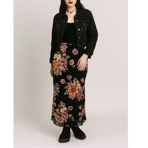 Vintage Y2K Silk Floral Skirt Black Purple Whimsigoth Fairycore Midi Jones NY